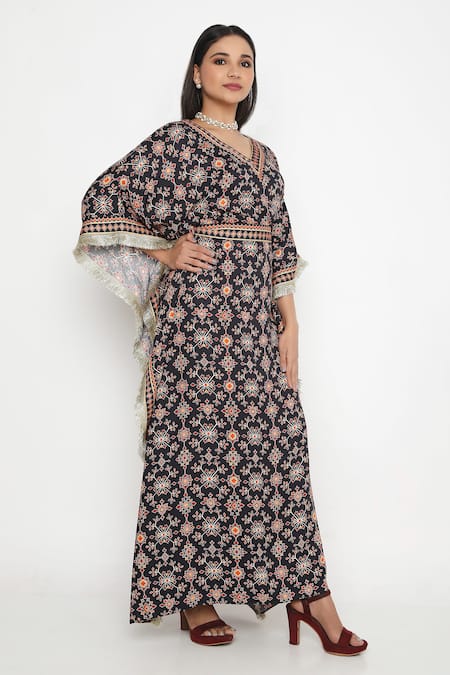 Neha Mehra Black Satin Embroidery, Lace V-neck Geometric Bloom Print Kaftan With Belt at Aza Fashions Neha Mehra_Black Satin Embroidery, Lace V-neck Geometric Bloom Print Kaftan With Belt _at_Aza_Fashions