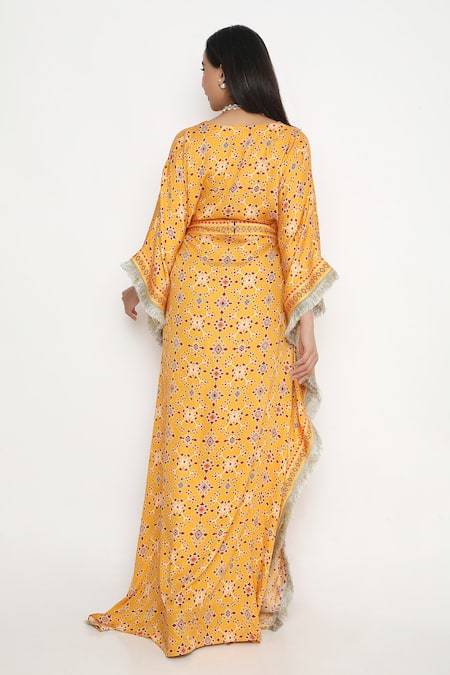 Shop Neha Mehra Orange Satin Embroidery V-neck Geometric Blossom Print Kaftan at Aza Fashions Shop_Neha Mehra_Orange Satin Embroidery V-neck Geometric Blossom Print Kaftan _at_Aza_Fashions