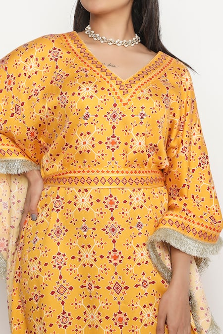 Neha Mehra Orange Satin Embroidery V-neck Geometric Blossom Print Kaftan Online at Aza Fashions Neha Mehra_Orange Satin Embroidery V-neck Geometric Blossom Print Kaftan _Online_at_Aza_Fashions