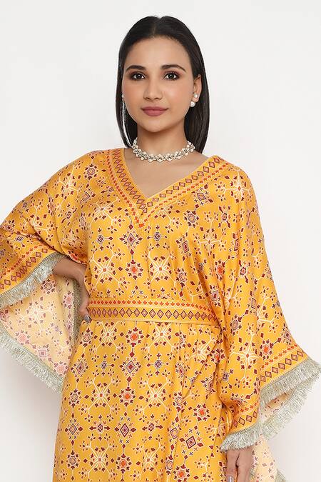 Buy Neha Mehra Orange Satin Embroidery V-neck Geometric Blossom Print Kaftan Online at Aza Fashions Buy_Neha Mehra_Orange Satin Embroidery V-neck Geometric Blossom Print Kaftan _Online_at_Aza_Fashions