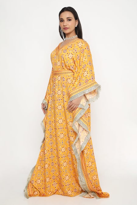 Shop Neha Mehra Orange Satin Embroidery V-neck Geometric Blossom Print Kaftan Online at Aza Fashions Shop_Neha Mehra_Orange Satin Embroidery V-neck Geometric Blossom Print Kaftan _Online_at_Aza_Fashions