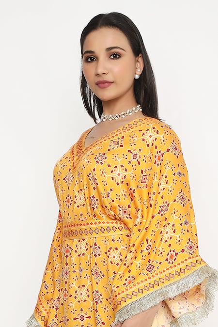 Neha Mehra Orange Satin Embroidery V-neck Geometric Blossom Print Kaftan at Aza Fashions Neha Mehra_Orange Satin Embroidery V-neck Geometric Blossom Print Kaftan _at_Aza_Fashions