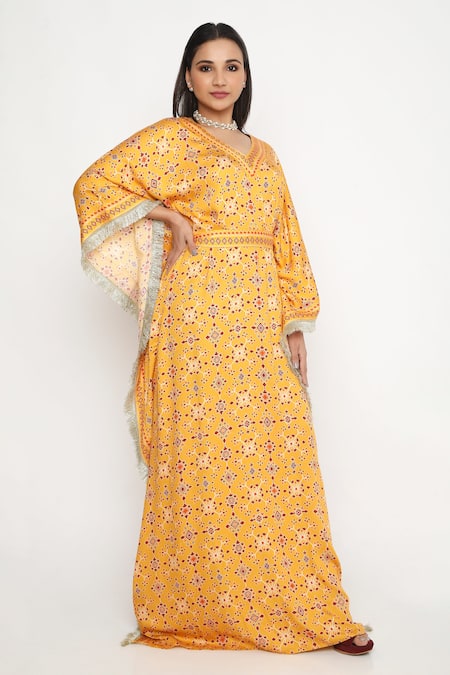 Buy Neha Mehra Orange Satin Embroidery V-neck Geometric Blossom Print Kaftan Buy_Neha Mehra_Orange Satin Embroidery V-neck Geometric Blossom Print Kaftan