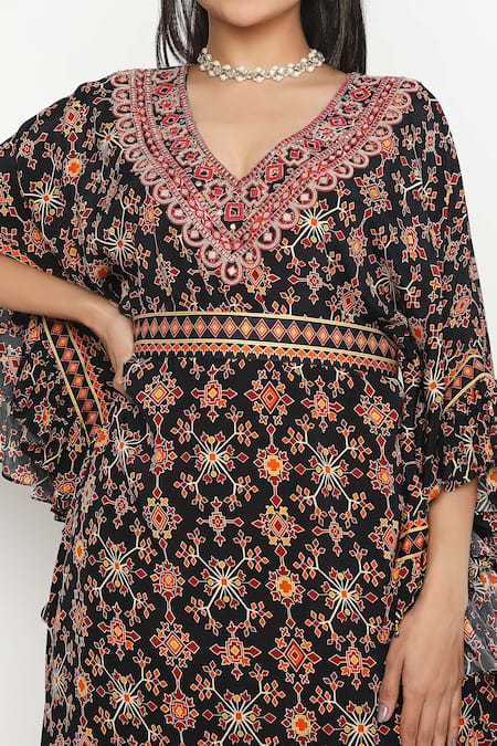 Neha Mehra_Black Satin Lace V-neck Mosaic Blossom Ruffled Kaftan Set _Online_at_Aza_Fashions