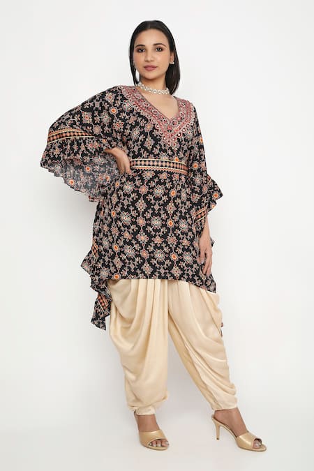Buy_Neha Mehra_Black Satin Lace V-neck Mosaic Blossom Ruffled Kaftan Set _Online_at_Aza_Fashions