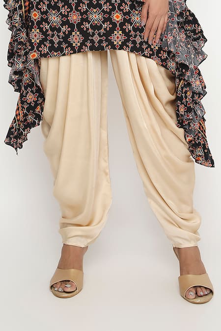 Shop_Neha Mehra_Black Satin Lace V-neck Mosaic Blossom Ruffled Kaftan Set _Online_at_Aza_Fashions