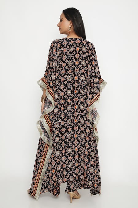 Shop Neha Mehra Black Satin V-neck Mosaic Flora Print Kaftan And Pant Set at Aza Fashions Shop_Neha Mehra_Black Satin V-neck Mosaic Flora Print Kaftan And Pant Set _at_Aza_Fashions