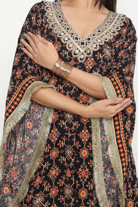 Neha Mehra Black Satin V-neck Mosaic Flora Print Kaftan And Pant Set Online at Aza Fashions Neha Mehra_Black Satin V-neck Mosaic Flora Print Kaftan And Pant Set _Online_at_Aza_Fashions