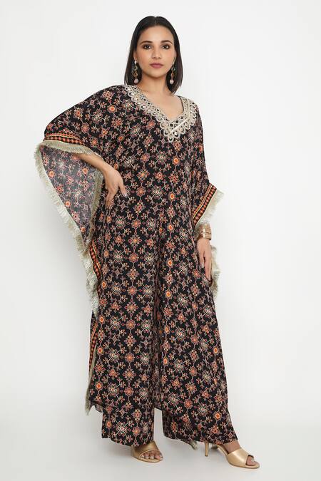 Shop Neha Mehra Black Satin V-neck Mosaic Flora Print Kaftan And Pant Set Online at Aza Fashions Shop_Neha Mehra_Black Satin V-neck Mosaic Flora Print Kaftan And Pant Set _Online_at_Aza_Fashions