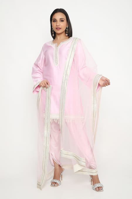 Neha Mehra Pink Chanderi, Chiffon Lace Round Neck Embellished Kurta Set 