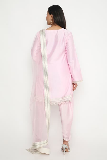 Shop Neha Mehra Pink Chanderi, Chiffon Lace Round Neck Embellished Kurta Set at Aza Fashions Shop_Neha Mehra_Pink Chanderi, Chiffon Lace Round Neck Embellished Kurta Set _at_Aza_Fashions