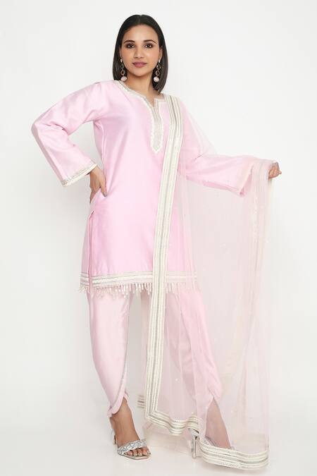 Shop Neha Mehra Pink Chanderi, Chiffon Lace Round Neck Embellished Kurta Set Online at Aza Fashions Shop_Neha Mehra_Pink Chanderi, Chiffon Lace Round Neck Embellished Kurta Set _Online_at_Aza_Fashions