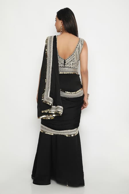 Shop Neha Mehra Black Satin Sequins, Zari Embroidered Pre-stitched Saree at Aza Fashions Shop_Neha Mehra_Black Satin Sequins, Zari Embroidered Pre-stitched Saree _at_Aza_Fashions