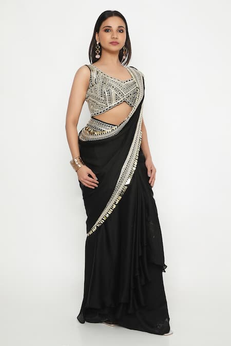 Neha Mehra Black Satin Sequins, Zari Embroidered Pre-stitched Saree Online at Aza Fashions Neha Mehra_Black Satin Sequins, Zari Embroidered Pre-stitched Saree _Online_at_Aza_Fashions