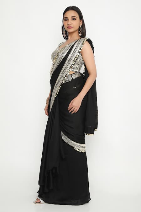 Buy Neha Mehra Black Satin Sequins, Zari Embroidered Pre-stitched Saree Online at Aza Fashions Buy_Neha Mehra_Black Satin Sequins, Zari Embroidered Pre-stitched Saree _Online_at_Aza_Fashions