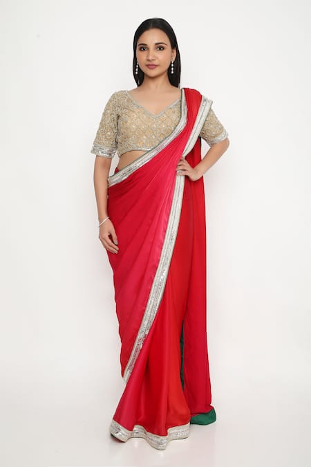 Neha Mehra Red Satin Sequins Applique Embroidered Saree 