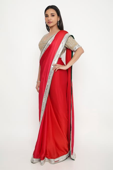 Neha Mehra Red Satin Sequins Applique Embroidered Saree Online at Aza Fashions Neha Mehra_Red Satin Sequins Applique Embroidered Saree _Online_at_Aza_Fashions