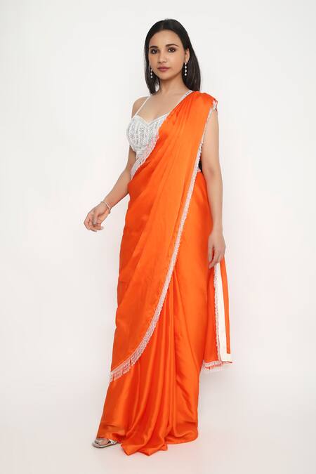 Neha Mehra Orange Satin Crystals Tassel Embellished Saree Online at Aza Fashions Neha Mehra_Orange Satin Crystals Tassel Embellished Saree _Online_at_Aza_Fashions