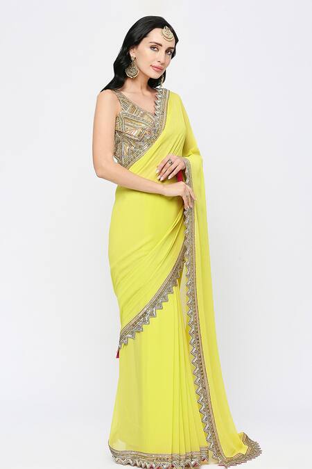 Buy Neha Mehra Green Georgette Cut Work, Sequins, Embroidery Zig Zag Cutwork Border Saree Online at Aza Fashions Buy_Neha Mehra_Green Georgette Cut Work, Sequins, Embroidery Zig Zag Cutwork Border Saree _Online_at_Aza_Fashions
