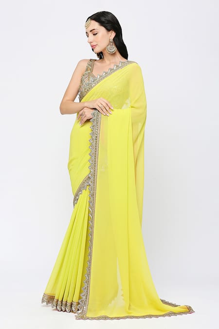 Shop Neha Mehra Green Georgette Cut Work, Sequins, Embroidery Zig Zag Cutwork Border Saree Online at Aza Fashions Shop_Neha Mehra_Green Georgette Cut Work, Sequins, Embroidery Zig Zag Cutwork Border Saree _Online_at_Aza_Fashions