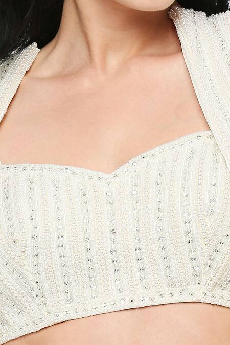 Shop_Neha Mehra_White Crepe, Modal Pearls, Sequins, Beads Embroidered Jacket Skirt Set _Online_at_Aza_Fashions