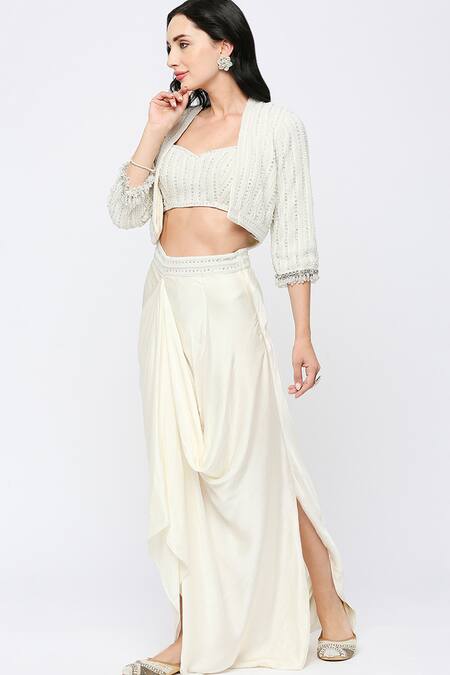 Neha Mehra_White Crepe, Modal Pearls, Sequins, Beads Embroidered Jacket Skirt Set _at_Aza_Fashions