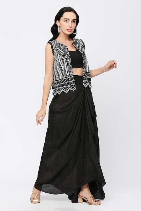 Shop Neha Mehra Black Net, Georgette Cut Work, Embroidery Square Neck, Cutdana Waistcoat Set at Aza Fashions Shop_Neha Mehra_Black Net, Georgette Cut Work, Embroidery Square Neck, Cutdana Waistcoat Set _at_Aza_Fashions