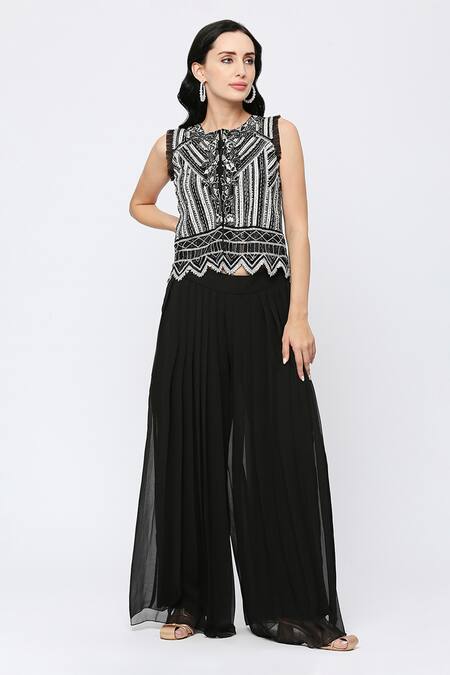 Neha Mehra Black Net, Georgette Cut Work, Embroidery Square Neck, Cutdana Waistcoat Set Online at Aza Fashions Neha Mehra_Black Net, Georgette Cut Work, Embroidery Square Neck, Cutdana Waistcoat Set _Online_at_Aza_Fashions