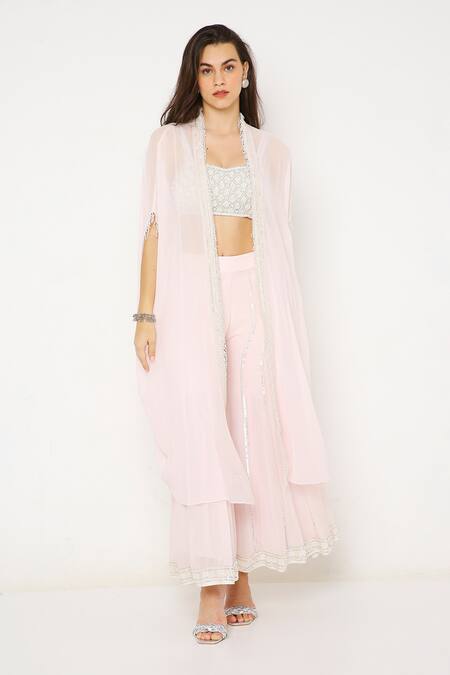Neha Mehra_Pink Georgette Sequins Sweetheart Neck Sheer Cape Kalidar Sharara Set _Online_at_Aza_Fashions