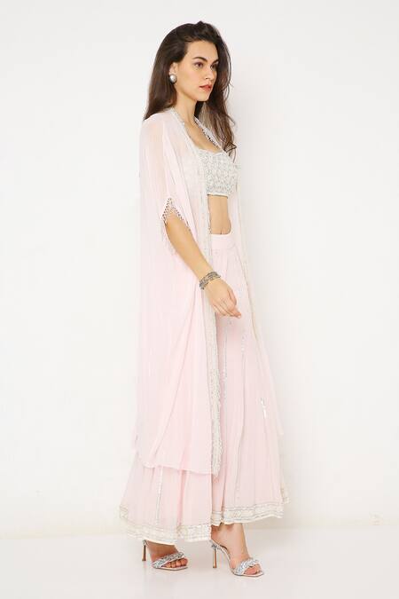 Buy_Neha Mehra_Pink Georgette Sequins Sweetheart Neck Sheer Cape Kalidar Sharara Set _Online_at_Aza_Fashions