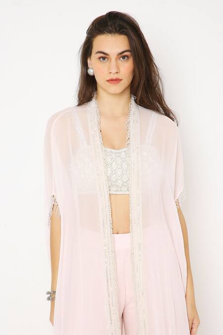Shop_Neha Mehra_Pink Georgette Sequins Sweetheart Neck Sheer Cape Kalidar Sharara Set _Online_at_Aza_Fashions