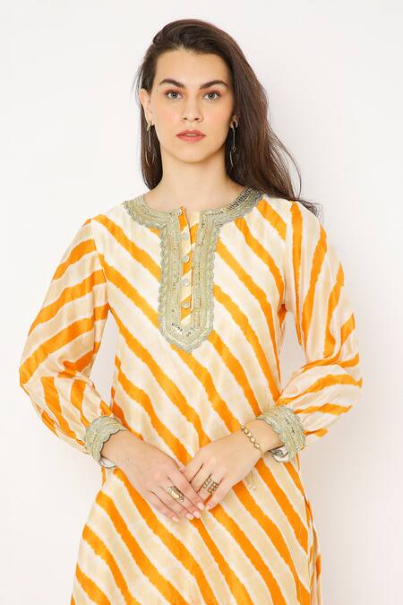 Shop Neha Mehra Orange Chanderi Sequins, Embroidery Round Neck Leheriya Kurta Set Online at Aza Fashions Shop_Neha Mehra_Orange Chanderi Sequins, Embroidery Round Neck Leheriya Kurta Set _Online_at_Aza_Fashions