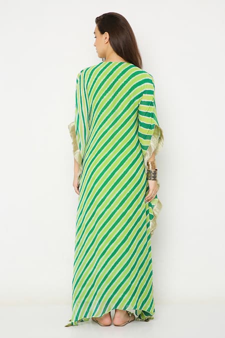 Shop Neha Mehra Green Georgette Sequins, Gota Patti Split V-neck Leheriya Pattern Kaftan at Aza Fashions Shop_Neha Mehra_Green Georgette Sequins, Gota Patti Split V-neck Leheriya Pattern Kaftan _at_Aza_Fashions