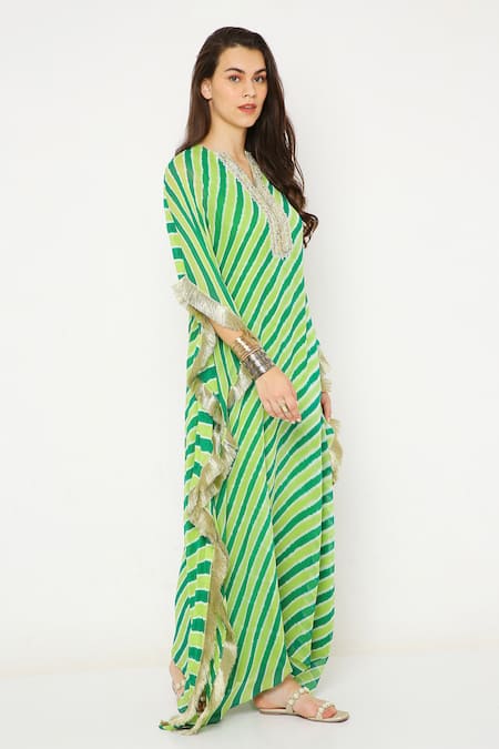 Neha Mehra Green Georgette Sequins, Gota Patti Split V-neck Leheriya Pattern Kaftan Online at Aza Fashions Neha Mehra_Green Georgette Sequins, Gota Patti Split V-neck Leheriya Pattern Kaftan _Online_at_Aza_Fashions