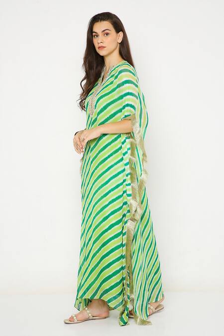 Buy Neha Mehra Green Georgette Sequins, Gota Patti Split V-neck Leheriya Pattern Kaftan Online at Aza Fashions Buy_Neha Mehra_Green Georgette Sequins, Gota Patti Split V-neck Leheriya Pattern Kaftan _Online_at_Aza_Fashions
