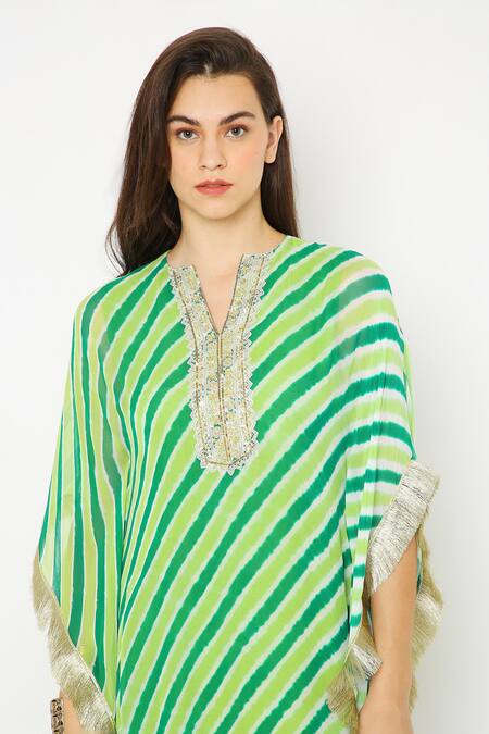 Shop Neha Mehra Green Georgette Sequins, Gota Patti Split V-neck Leheriya Pattern Kaftan Online at Aza Fashions Shop_Neha Mehra_Green Georgette Sequins, Gota Patti Split V-neck Leheriya Pattern Kaftan _Online_at_Aza_Fashions
