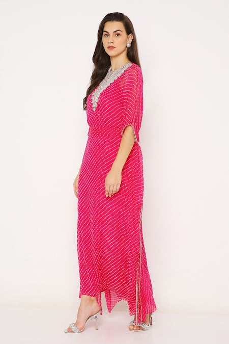 Neha Mehra_Pink Georgette Sequins Round Neck Asymmetric Kaftan With Leheriya Pattern _Online_at_Aza_Fashions