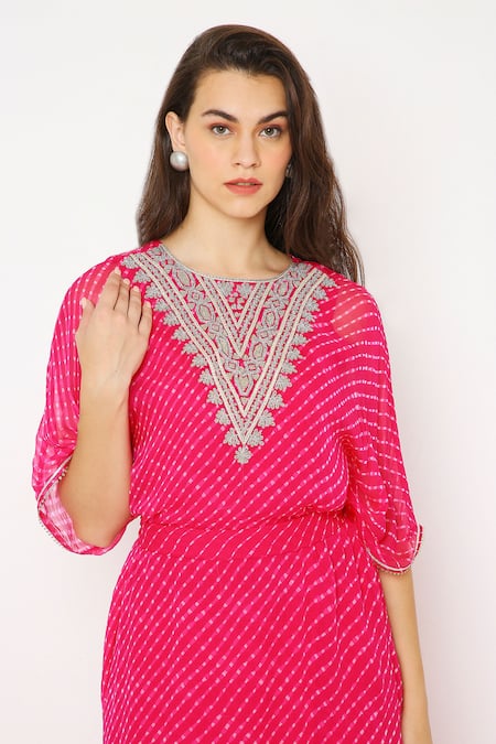 Buy_Neha Mehra_Pink Georgette Sequins Round Neck Asymmetric Kaftan With Leheriya Pattern _Online_at_Aza_Fashions