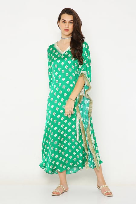 Neha Mehra Floral Butti Print Green Kaftan 
