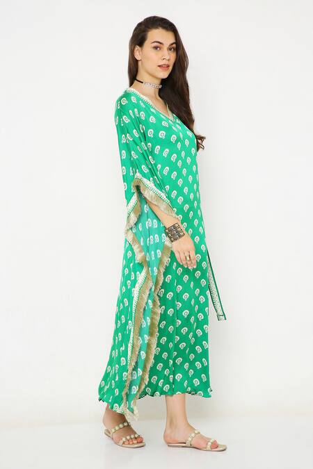 Neha Mehra_Green Modal Embroidery V-neck Floral Butti Print Kaftan _Online_at_Aza_Fashions