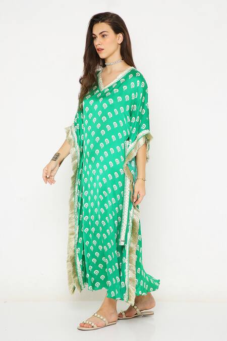 Buy_Neha Mehra_Green Modal Embroidery V-neck Floral Butti Print Kaftan _Online_at_Aza_Fashions