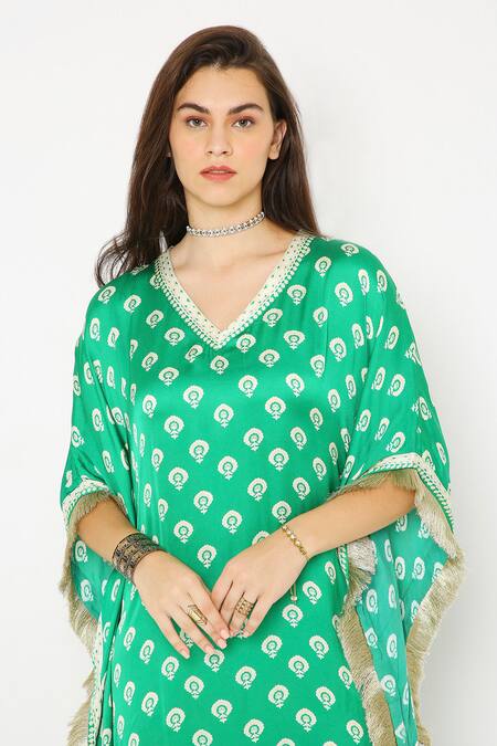 Shop_Neha Mehra_Green Modal Embroidery V-neck Floral Butti Print Kaftan _Online_at_Aza_Fashions