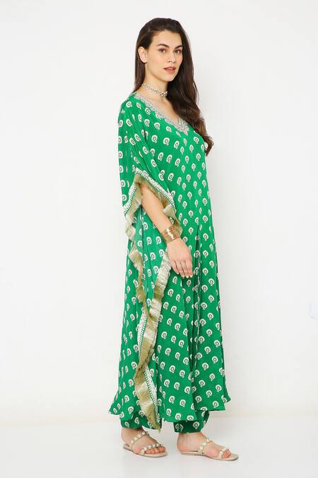 Neha Mehra_Green Crepe Embroidery, Sequins V-neck Floral Butti Print Kaftan Set _Online_at_Aza_Fashions