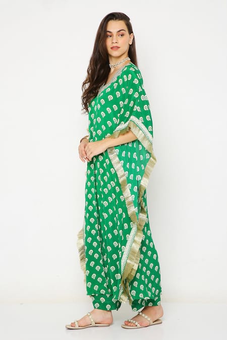 Buy_Neha Mehra_Green Crepe Embroidery, Sequins V-neck Floral Butti Print Kaftan Set _Online_at_Aza_Fashions