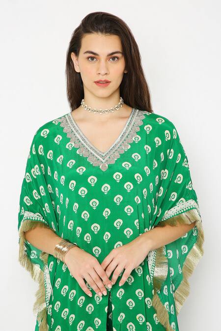 Shop_Neha Mehra_Green Crepe Embroidery, Sequins V-neck Floral Butti Print Kaftan Set _Online_at_Aza_Fashions