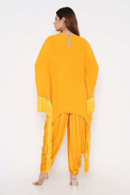 Neha Mehra Geometric Embroidered Mustard Kaftan Set 