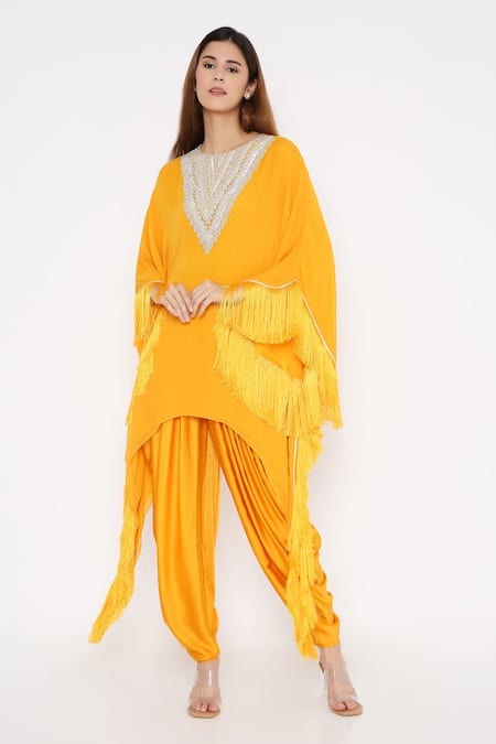 Buy_Neha Mehra_Yellow Georgette Embroidery Round Neck Geometric Mustard Kaftan Set _Online_at_Aza_Fashions
