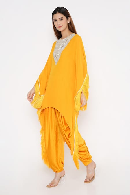 Shop_Neha Mehra_Yellow Georgette Embroidery Round Neck Geometric Mustard Kaftan Set _Online_at_Aza_Fashions