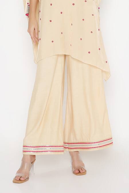 Neha Mehra_Beige Silk Fringe, Embroidery Round Neck Butti Kaftan And Palazzo Set _Online_at_Aza_Fashions