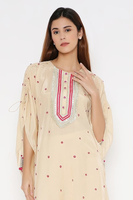 Buy_Neha Mehra_Beige Silk Fringe, Embroidery Round Neck Butti Kaftan And Palazzo Set _Online_at_Aza_Fashions